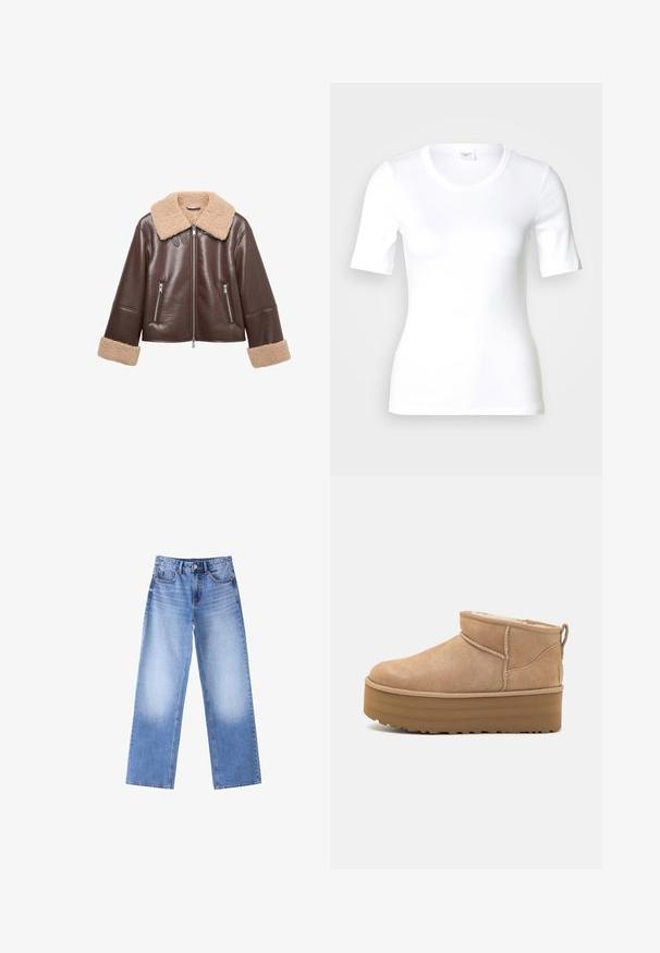 Brun læderjakke med en beige pelskrave og manchetter. Har lynlåslommer og en frontlynlås, som giver en cropped silhuet.; Hvid T-shirt med korte ærmer lavet af glat bomuld, med rund halsudskæring og en tætsiddende pasform. Klassisk design uden mønstre eller detaljer.; Lyseblå jeans med vide ben, frontknapper og lynlås, fem-lomme stil og falmet vask på lår og nederste ben.; Beige ruskinds ankelstøvler med et blødt indre, der har en platformssål og en strop bagpå for nem påtagning. Tekstureret gummisål.