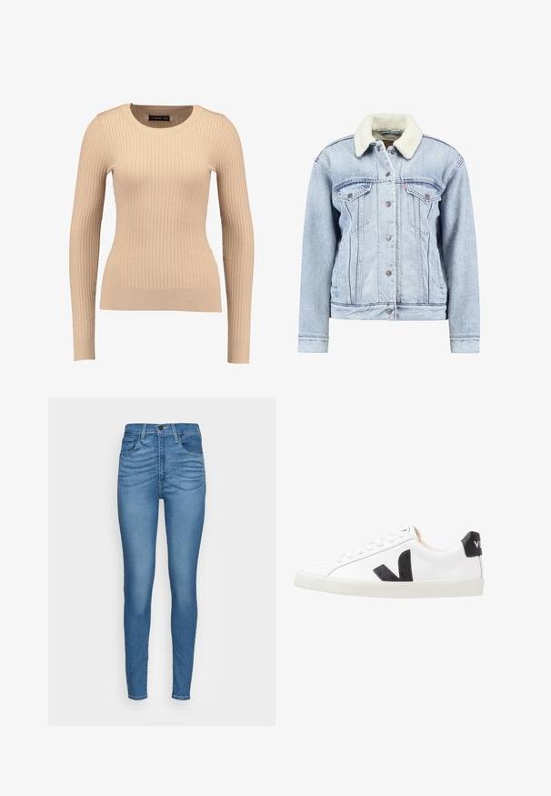 Lys blå denimjakke med krave i faux shearling, knaplukning foran, to brystlommer og en let cropped pasform. Klassisk design.; Ribbet langærmet sweater i lys beige, lavet af strækbart stof. Har en rund halsudskæring og tætsiddende silhuet med ribbede manchetter.; Blå denim skinny jeans med høj talje, fem lommer og en glat tekstur. Har en klassisk knaplukning og bæltestropper.; Hvide sneakers med et sort V-logo, der har en glat læderoverdel, rund tå, snørrelukning og en kontrasterende sort hælflap.