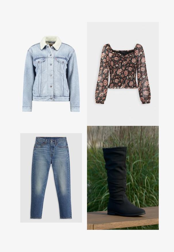 Lys blå denimjakke med krave i faux shearling, knaplukning foran, to brystlommer og en let cropped pasform. Klassisk design.; Madewell SWEETHEART LUCIE - Bluse - true black; Lyseblå denim jeans med lige pasform, fem lommer, knaplukning og diskret falming på lårene. Kontraststing er synlige.; Sort knæhøj støvle lavet af blødt stof, med et slapt design, spids tå og flad sål, sat mod en græsplæne baggrund.