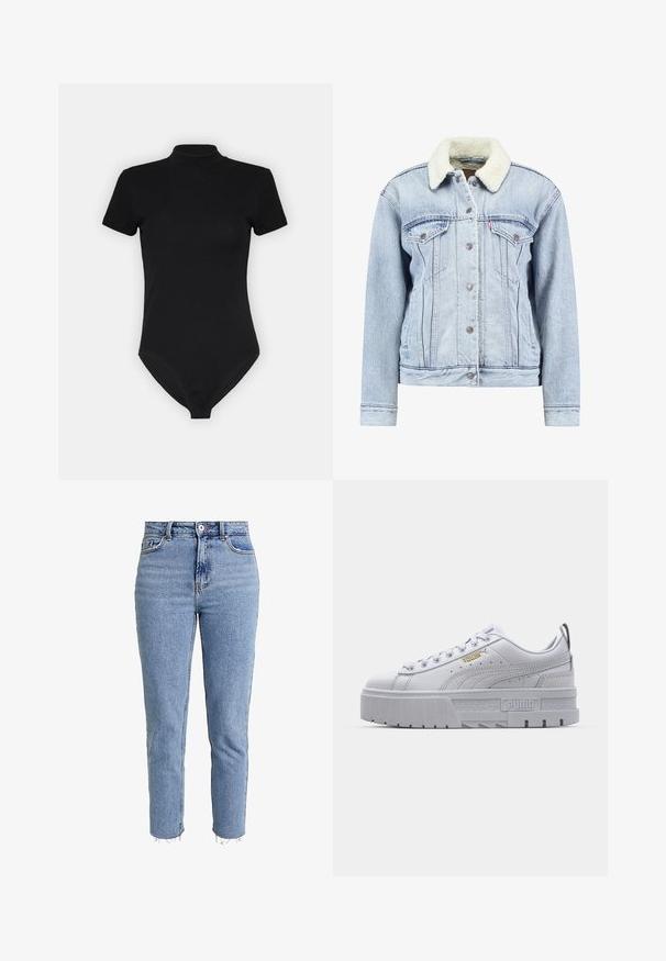 Lys blå denimjakke med krave i faux shearling, knaplukning foran, to brystlommer og en let cropped pasform. Klassisk design.; Sort bodysuit med høj hals, korte ærmer og tætsiddende design. Lavet af et glat, strækbart stof med en sømløs bund.; Lysblå højtaljede jeans lavet af denim, med lige ben, raslede nederkant og minimalistisk design uden udsmykninger.; Hvide platform sneakers med en glat læderoverdel, polstret krave, grå gummisål og gyldne detaljer med Puma-logoet.