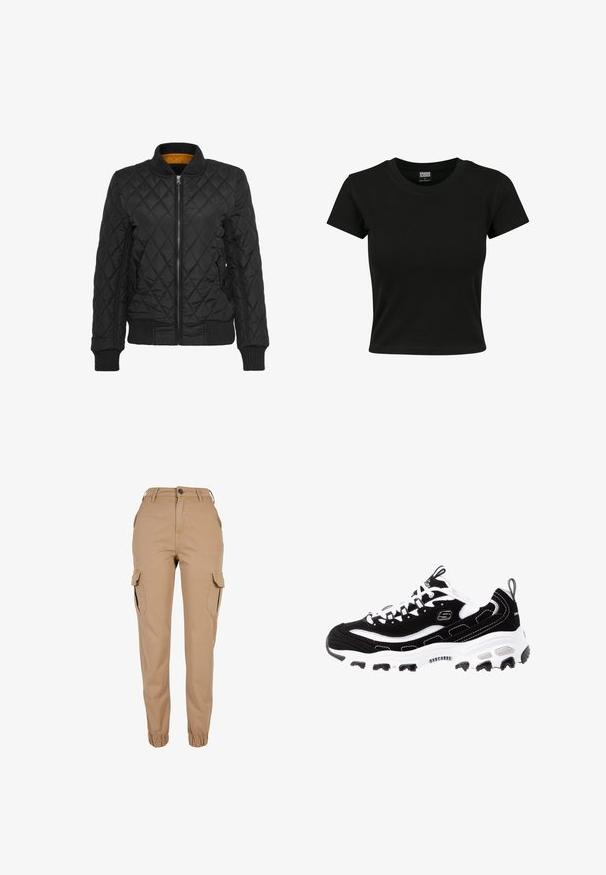Chaqueta negra acolchada con cremallera frontal, puños acanalados y cuello. Presenta un forro interior amarillo en contraste. Textura suave, patrón de diamante.; Camiseta negra de manga corta fabricada en algodón suave, con un cuello redondo y un corte ajustado. Sin patrones ni acentos visibles.; Pantalones cargo beige con puños elásticos, cierre frontal con botón y cremallera, trabillas para cinturón, bolsillos laterales con solapa y diseño de corte ajustado.; Zapatilla deportiva en blanco y negro con parte superior de ante, cuello acolchado y suela ligera. Presenta un logotipo prominente y detalles de costura en contraste.