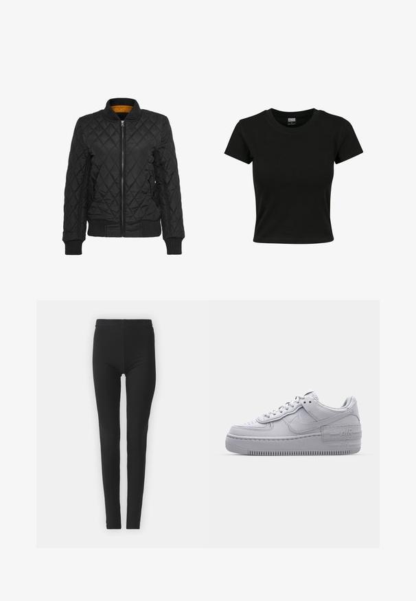 Schwarze gesteppte Jacke mit Reißverschluss auf der Vorderseite, gerippten Bündchen und Kragen. Mit einem kontrastierenden gelben Innenfutter. Glatte Textur, Rautenmuster.; Schwarzes Kurzarm-T-Shirt aus glattem Baumwollmaterial mit rundem Halsausschnitt und taillierter Form. Keine sichtbaren Muster oder Akzente.; Schwarze, elastische Leggings mit enger Passform, die einen hohen Bund und eine glatte Textur aufweisen. Keine sichtbaren Muster oder Beschlagdetails.; Graue Nike Air Force 1 Sneaker mit perforierter Zehenpartie, Obermaterial aus glattem Leder, dicker Sohle und geprägtem 'AIR'-Detail an der Ferse.
