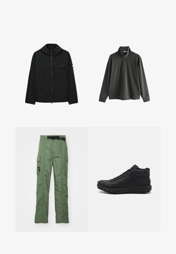 Sort lynlåstrøje med høj krave, klaplommer med knapper på brystet, elastiske manchetter og logo-patch på venstre ærme.; Mørkegrøn pullover sweatshirt, lavet af blødt stof, har en halvlange lynlås krave, lange ærmer og en afslappet pasform med ribstrikkede manchetter og kant.; Cargo bukser i olivengrøn, lavet af let materiale. Har et sort bælte, cargo-lommer på siderne og syningsdetaljer.; Sorte høje sneakers lavet af struktureret læder, med en tyk gummisål med trækmønstre og snørefunktion. Rød detalje på tungen.