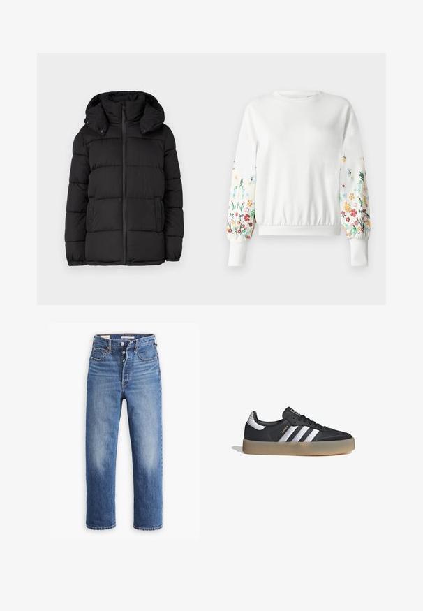 Chaqueta acolchada negra con capucha, con paneles acolchados horizontales, cierre frontal de cremallera y detalles de botones a presión en los laterales.; Sudadera blanca con cuello redondo y puños acanalados, que presenta un bordado floral colorido a lo largo de las mangas en varios tonos.; Vaqueros de mezclilla azul con cintura alta, diseño de pierna recta y áreas desgastadas. Presentan bolsillos frontales y herrajes de metal.; Zapatilla deportiva de cuero negro con tres rayas plateadas, punta texturizada y suela de goma. Cuenta con un collar acolchado y un diseño con cordones.