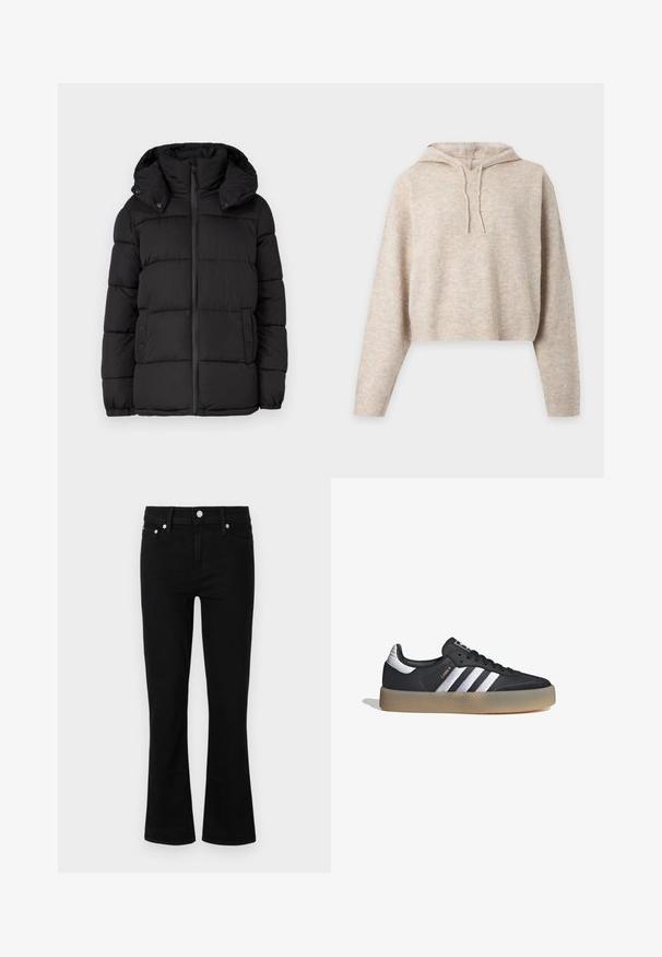 Chaqueta acolchada negra con capucha, con paneles acolchados horizontales, cierre frontal de cremallera y detalles de botones a presión en los laterales.; Sudadera corta de punto beige con capucha, mangas largas y cordones, mostrada sobre un fondo liso y claro.; Jeans de mezclilla negra acampanados con cintura ajustada, diseño de cinco bolsillos y detalles en metal plateado, con una textura suave y longitud estándar.; Zapatilla deportiva de cuero negro con tres rayas plateadas, punta texturizada y suela de goma. Cuenta con un collar acolchado y un diseño con cordones.