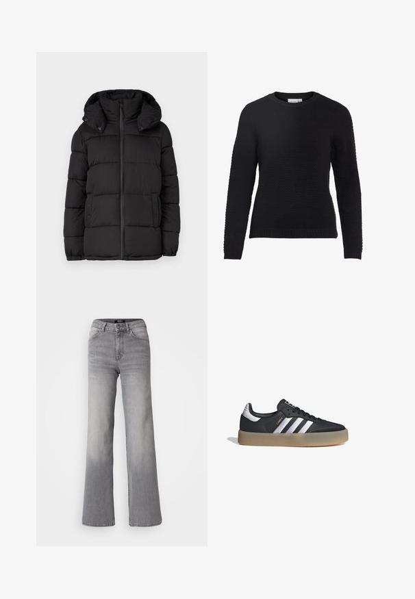 Chaqueta acolchada negra con capucha, con paneles acolchados horizontales, cierre frontal de cremallera y detalles de botones a presión en los laterales.; Suéter negro de punto con un patrón texturizado, cuello redondo y puños y dobladillo acanalados. Mangas largas y un diseño ajustado.; Vaqueros de mezclilla gris de pernera recta y cintura alta, con botón y cremallera frontales, bolsillos delanteros y traseros, y efectos de desvanecimiento en los muslos y las pantorrillas.; Zapatilla deportiva de cuero negro con tres rayas plateadas, punta texturizada y suela de goma. Cuenta con un collar acolchado y un diseño con cordones.