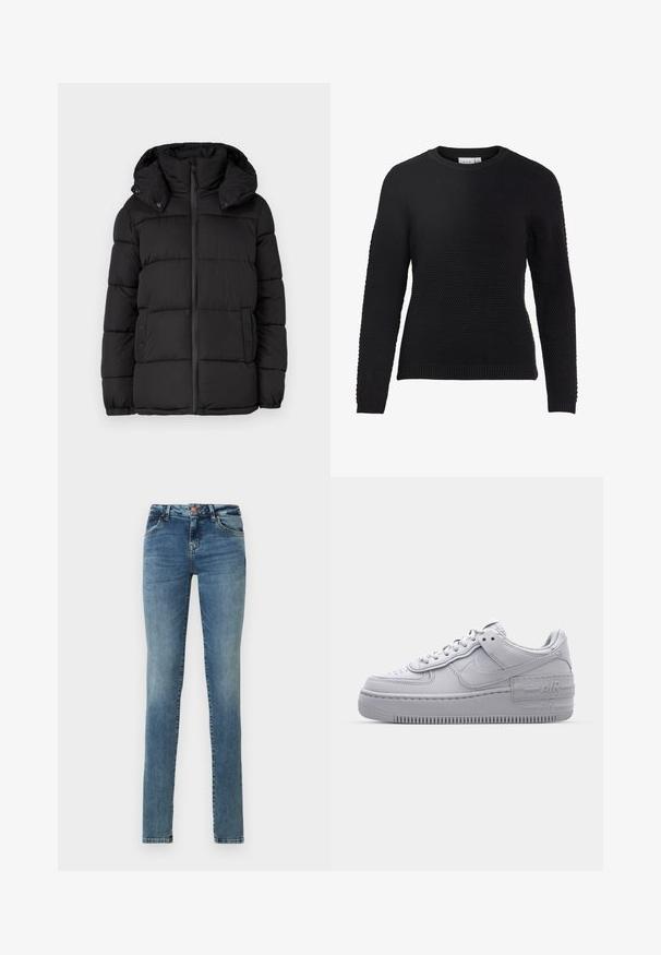 Veste puffer noire avec capuche, présentant des panneaux matelassés horizontaux, une fermeture éclair à l'avant et des accents à boutons-pression sur les côtés.; Pull en tricot noir avec un motif texturé, col rond, et poignets et ourlet côtelés. Manches longues et design ajusté.; Jeans skinny en denim bleu clair, avec une fermeture à bouton, cinq poches, un léger délavage et un design classique.; Basket en cuir lisse gris Nike Air Force 1 avec un bout perforé, une semelle épaisse et un détail 'AIR' en relief sur le talon.