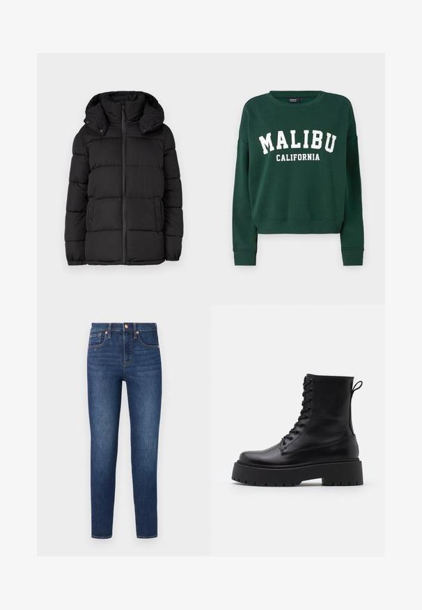 Schwarze Pufferjacke mit Kapuze, ausgestattet mit horizontal gesteppten Paneelen, einem Frontreißverschluss und Druckknopfdetails an den Seiten.; ONLY ONLSWEAT - Sweatshirt - pine grove; GAP SKINNY HAVEL - Jeans Skinny Fit - dark wash; Schwarze Lederstiefeletten mit runder Zehenpartie, Schnürung vorne und einer dicken Gummisohle mit strukturiertem Profil. Mit Zugschlaufe an der Rückseite.