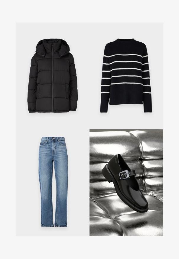 Veste puffer noire avec capuche, présentant des panneaux matelassés horizontaux, une fermeture éclair à l'avant et des accents à boutons-pression sur les côtés.; Vero Moda Tall VMFLAWLESS - Pullover - black/birch; Jean en denim bleu clair avec taille haute, coupe droite, peu d'effritement et style classique à cinq poches. Fermeture à bouton en bronze.; Chaussure Mary Jane en cuir noir avec un bout carré, un accent de boucle en argent et un talon bas épais, sur un fond argenté brillant.