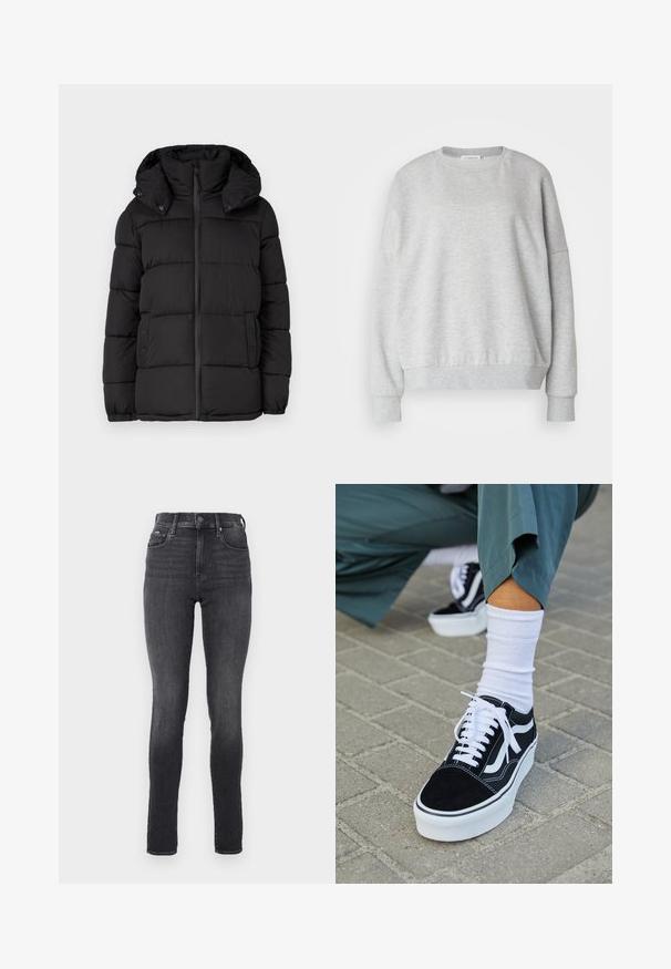 Veste puffer noire avec capuche, présentant des panneaux matelassés horizontaux, une fermeture éclair à l'avant et des accents à boutons-pression sur les côtés.; Sweatshirt gris clair en tissu doux, avec un col rond, des épaules tombantes et des poignets et un ourlet côtelés pour une coupe décontractée.; Jean skinny taille haute en denim gris foncé, texture lisse, avec poches avant et bouton en métal à la taille.; Baskets en suède noir avec des accents et des lacets blancs, présentant une épaisse semelle blanche et des coutures contrastantes, associées à une chaussette blanche.