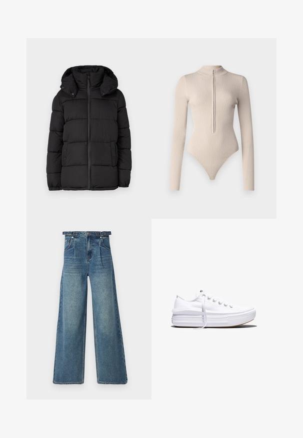 Sort oppustelig jakke med hætte, der har horisontale quiltede paneler, en frontlynlås og trykknapdetaljer på siderne.; Good American VIRGO - Langærmet T-shirt - beige; Bredde ben denim jeans i lys blå. Har høj talje, bæltestropper, plisseret front og klassisk fem-lomme design. Slidt tekstur.; Hvid lavt snørestøvle med tyk plateau-sål, snørelukning foran og gummiforstærket tåkap, set i sideprofil.