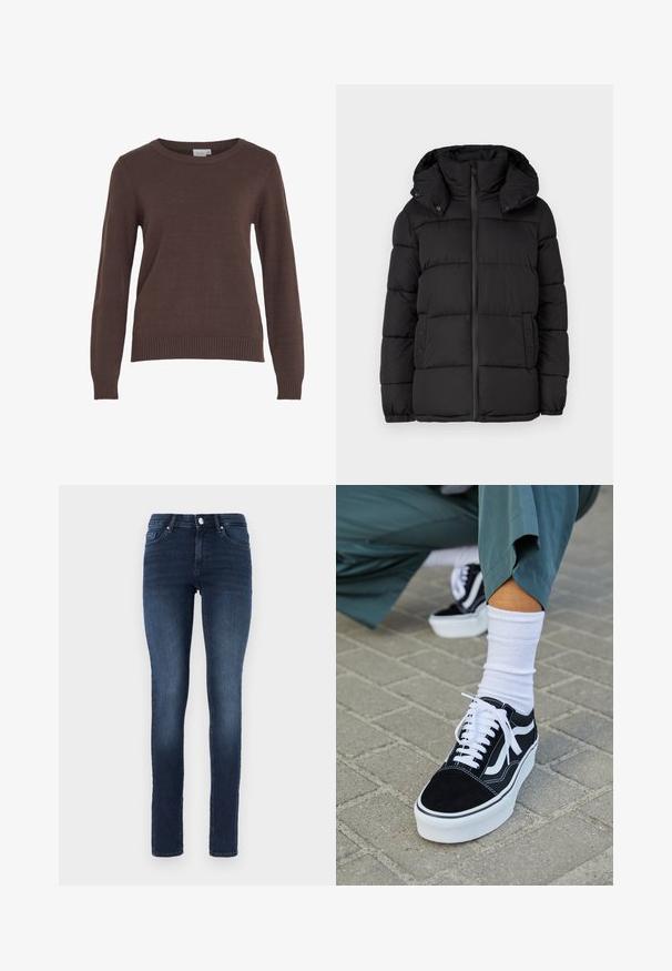 Sort oppustelig jakke med hætte, der har horisontale quiltede paneler, en frontlynlås og trykknapdetaljer på siderne.; VILA VIRIL O-NECK L/S KNIT TOP - NOOS - Striktrøje - coffee bean; Mørkeblå skinny jeans lavet af denim, med en klassisk fem-lomme design, knaplukning og diskret falmning på lårene.; Sorte ruskinds sneakers med hvide accenter og snørebånd, der har en tyk hvid sål og kontrasterende syninger, parret med en hvid sok.