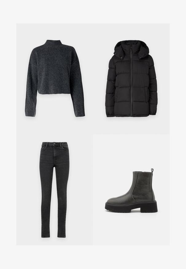 Veste puffer noire avec capuche, présentant des panneaux matelassés horizontaux, une fermeture éclair à l'avant et des accents à boutons-pression sur les côtés.; Pull court de couleur gris foncé avec un col haut et des manches longues. Fabriqué en tissu tricoté texturé avec un motif subtil.; Jean skinny noir avec taille haute, design à cinq poches, texture en denim lisse et finition délavée. Doté d'une fermeture à glissière et d'un bouton.; Bottines noires à tige synthétique lisse, avec des panneaux latéraux en élastique, une languette de tirage et une semelle en caoutchouc épaisse.