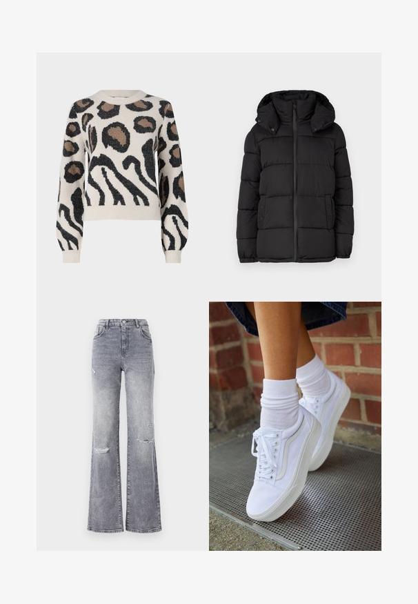 Chaqueta acolchada negra con capucha, con paneles acolchados horizontales, cierre frontal de cremallera y detalles de botones a presión en los laterales.; JDY LORRAINE - Jersey de punto - cement; Jeans de mezclilla gris de cintura alta con pierna acampanada, que presentan detalles desgastados en las rodillas, un diseño clásico de cinco bolsillos y costuras en tono.; Zapatillas de lona blancas con suelas de goma, que presentan seis ojales, puntera redonda y detalles de costura ligera, combinadas con calcetines blancos hasta el tobillo.