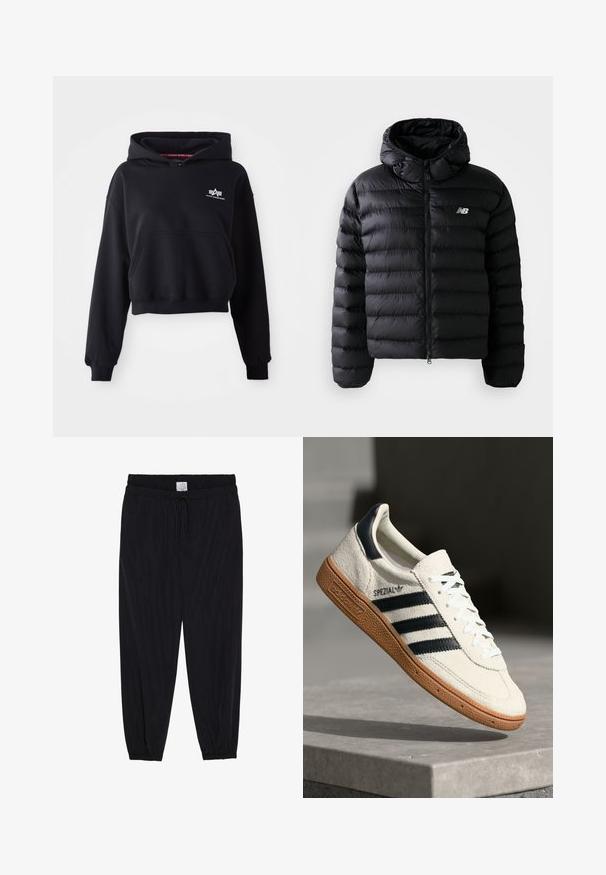 Zwarte pufferjack met capuchon, met een geborduurde textuur, ritssluiting en reflecterend logo. Glad, lichtgewicht materiaal.; Zwarte crop hoodie van zachte stof, met een voorkant zak, trekkoord capuchon en een klein wit logo op de borst.; Zwarte losse broek met een elastische tailleband en verstelbaar trekkoord. Gladde textuur met taps toelopende pijpen en elastische boorden bij de enkels.; Witte suède sneakers met marineblauwe strepen, rubberen gumzool, gestructureerde bovenkant, ronde neus en veters; heeft branding aan de zijkant en op de tong.