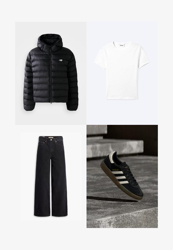 Schwarze Daunenjacke mit Kapuze, mit gestepptem Muster, Reißverschluss und reflektierendem Logo. Glattes, leichtes Material.; Einfaches weißes T-Shirt mit kurzen Ärmeln und Rundhalsausschnitt sowie kleinem "WEEKDAY"-Etikett im Nacken, flach auf einem hellen Hintergrund präsentiert.; Schwarze weite Jeans aus Denim mit fünf Taschen, Kupferrivets und einem klassischen Knopfverschluss. Glatte Textur mit einem klaren Design.; Schwarzer Adidas-Sneaker mit weißen Streifen und Gummisohle schwebt über grauen Betonstufen im natürlichen Licht.