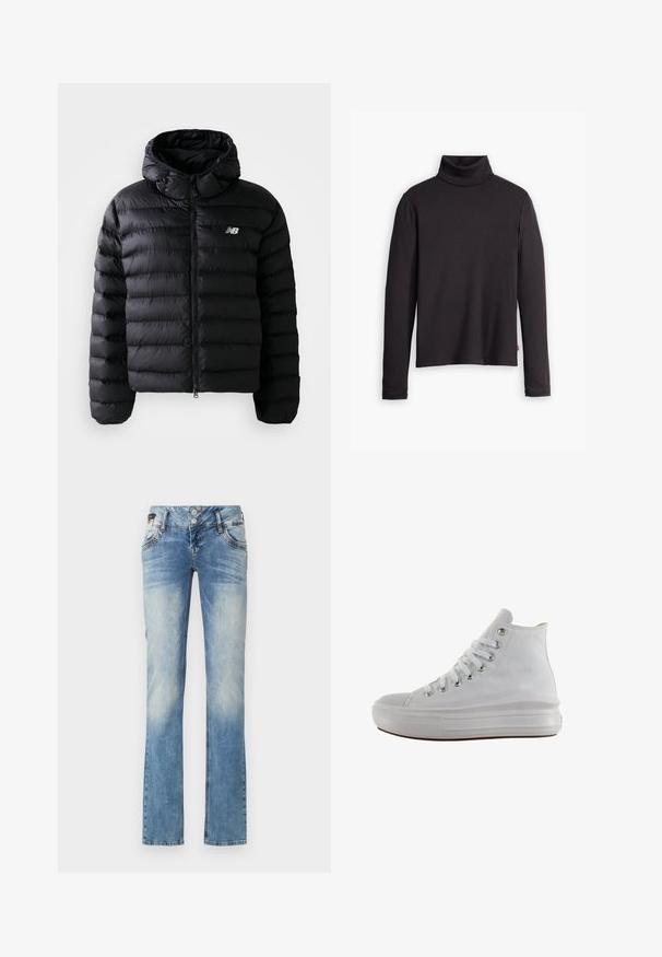 Zwarte pufferjack met capuchon, met een geborduurde textuur, ritssluiting en reflecterend logo. Glad, lichtgewicht materiaal.; Zwarte geribde turtleneck trui met lange mouwen en een fitted ontwerp. Zachte textuur, subtiele stretch en een label aan de onderzijde.; Lichtblauwe denim jeans met een rechte pijp, voorzien van een vijfknopen sluiting, voorzakken en subtiele vervagingdetails.; Witte hoge canvas sneaker met witte veters, metalen oogjes, dikke rubberen zool en gestructureerde neuskap, naar links gericht op een witte achtergrond.