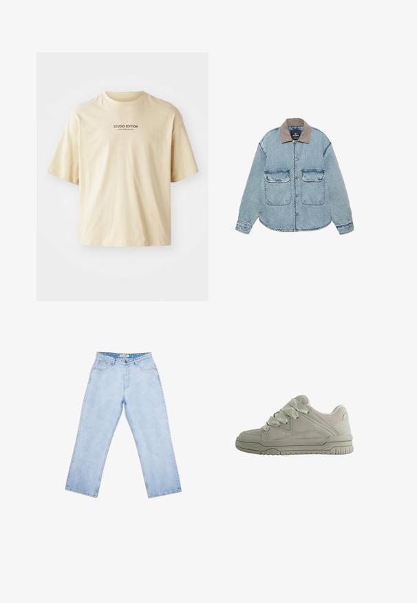 Lyseblå denimjakke med brun krave, knaplukning og to store forlommer med klap.; Beige bomulds t-shirt med rund hals, korte ærmer og teksten "STUDIO EDITION" i sort print over brystet.; Lyseblå jeans med høj talje og lige ben, forlommer, bæltestropper, knaplukning og en mærket inderlabel ved linningen.; Lav-snit grå sneaker med tykke teksturerede snørebånd, polstret krave, syninger i panelerne og en rilled gummisål for greb.