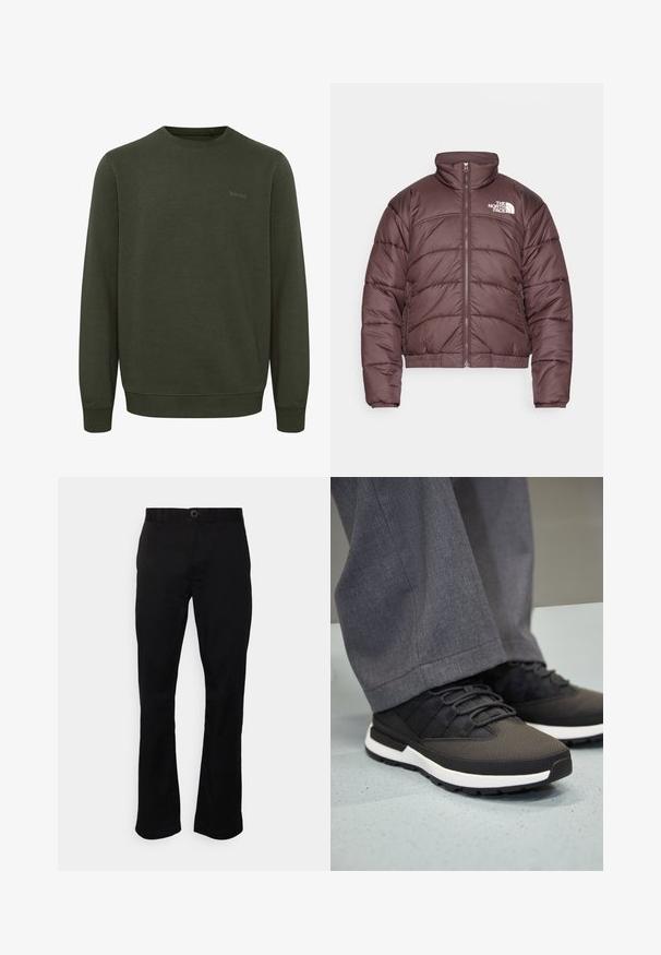 The North Face Winterjas - coal brown; Olijfgroene sweatshirt van zacht materiaal, met een ronde hals, lange mouwen en geribde manchetten. Subtiele "blend" logo in bijpassende kleur.; Zwarte, rechte broek van een gladde stof. Heeft een knoopsluiting, riemlussen en zijzakken. Eenvoudig ontwerp zonder patronen.; Zwarte sportieve schoenen met een textuur bovenkant, vetersluiting en een witte tussenzool. Draagt bij grijze cropped broeken, staand op een gespetterde vloer.