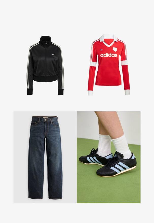 Schwarze Satin-Trainingsjacke mit hohem Kragen, durchgehendem Reißverschluss, gerippten Bündchen und zwei Seitentaschen. Mit weißen Streifen an den Ärmeln und einem Logo.; Rotes Fußballtrikot mit langen Ärmeln, weißem Kragen und weißen Ärmelbündchen. Es hat drei weiße Streifen auf den Schultern und das "adidas"-Logo ist auffällig platziert.; Dunkelblaue Jeans aus Denim mit einem geraden Bein-Design, Fünf-Taschen-Stil und Steppnähten sowie einem Knopfverschluss.; Schwarze Leder-Sportschuhe mit hellblauen Streifen, strukturierten Obermaterialien und Gummisohlen, kombiniert mit weißen gerippten Socken auf grünem Boden.