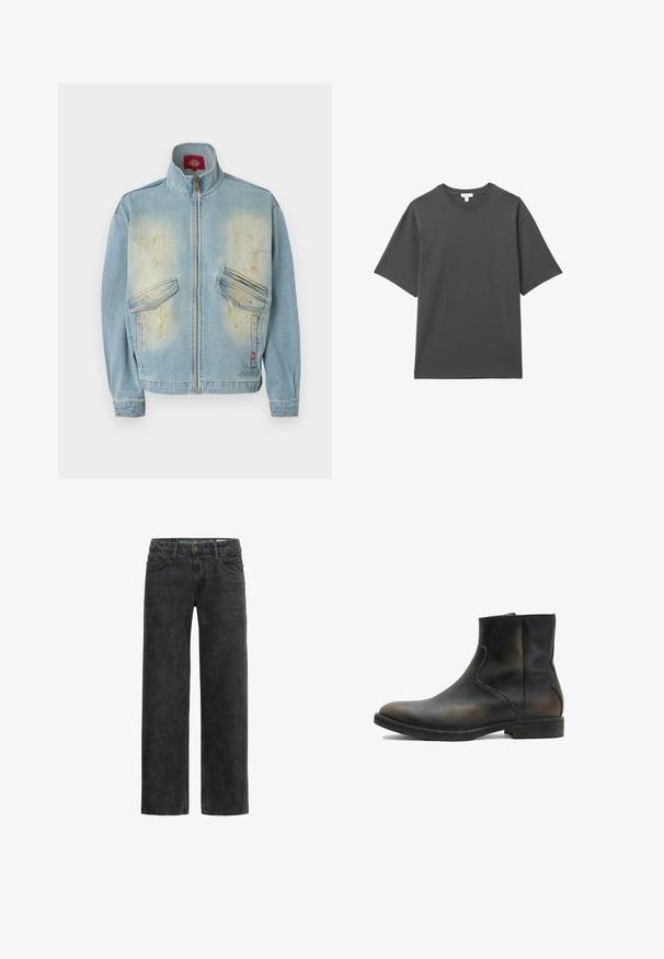 Lichtblauwe spijkerjas met hoge kraag, ritssluiting aan de voorkant, twee klepzakken en vervaagde, versleten plekken op de borst en manchetten.; Donkergrijs T-shirt met korte mouwen, gemaakt van zacht katoen, met een ronde hals en een losse pasvorm. Eenvoudig ontwerp zonder zichtbare patronen.; Zwarte denim jeans met een ontspannen pasvorm, rechte pijpen, vijf-pocket ontwerp en een subtiele vervaagde textuur. Voorzien van een knoop- en ritssluiting.; AllSaints LANG - Lage laarzen - brown