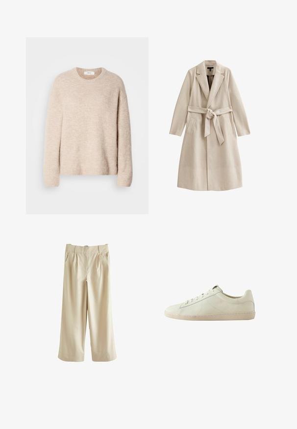 Abrigo de mezcla de lana beige con cintura ceñida, solapas con muesca y dos bolsillos frontales. La tela tiene una textura suave y una silueta desestructurada.; Suéter de punto beige con cuello redondo, mangas largas y dobladillo acanalado. Tejido suave y texturizado con un ajuste relajado.; Next SMART WIDE LEG - Pantalones - stone; Zapatilla blanca de piel de corte bajo con superficie texturizada, cierre de cordones y suela de goma beige, mostrada de lado sobre un fondo blanco.