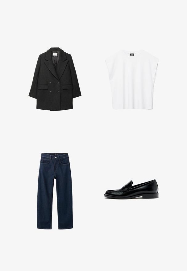 Dobbeltbrystet grå uldfrakke med brede udskårne revers, to frontlommer og sorte knapper. Glat foring synlig indeni.; Hvid ærmeløs crop top med rund halsudskæring, brede skuldre og sort "B6"-label indvendigt i kraven.; Mørkeblå denim jeans med et lige ben-design, der har en klassisk fem-pockets stil, synlig syning og en knaplukning i taljen.; Sort læder penny loafer med lav hæl, rundet tå og synlig syning langs den øverste kant, vist i sideprofil på hvid baggrund.