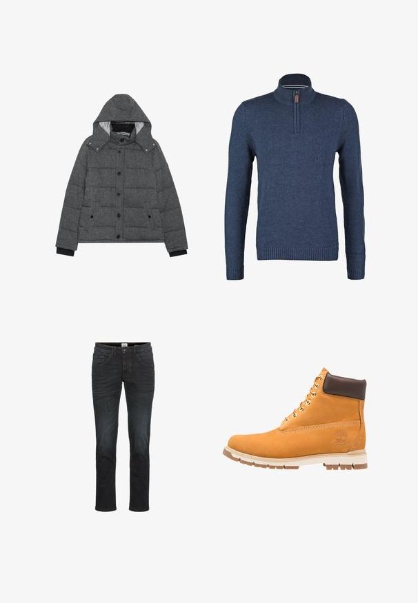Grå quilted pufferjakke med hætte, to sidelommer, sorte knapper og ribstrikkede cuffs. Indvendig har den en kontrasterende foring.; Marineblå halv-zip trøje lavet af tekstureret strikstof, med lange ærmer og ribstrik ved håndled og nederkant. Lille læderdetalje på lynlåsen.; Slim-fit jeans i mørk denimvask, med fem lommer, bæltestropper og lynlås. Glat tekstur med minimal fading og syningsdetaljer.; Timberland RADFORD 6 IN BOOT WP - Snørestøvletter - wheat
