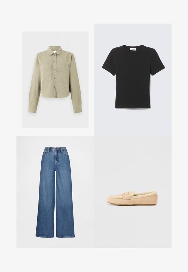 Beige cropped jakke med lange ærmer, krave, knapper foran og to store brystlommer på ensfarvet baggrund.; Sort T-shirt med korte ærmer og rund hals lagt fladt med et lille hvidt mærke inde i kraven mod en lys baggrund.; Vidbenede jeans i mediumblåt denim, med høj talje, bæltestropper og knaplukning. Glat tekstur med få syningsdetaljer.; Beige ruskindsko med faux fur foring, flad sål og dekorativ rem på oversiden med præget mønster. Enkel, rundet design.