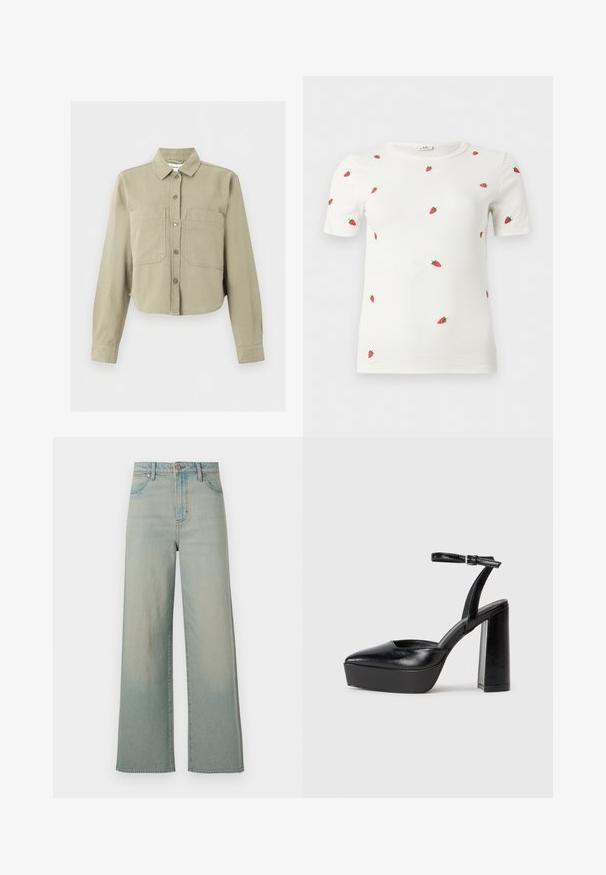 Beige cropped jas met lange mouwen, kraag, knopen aan de voorkant en twee grote borstzakken op een effen achtergrond.; Witte geribbelde top met korte mouwen en verspreide kleine rode aardbeienborduursels op voor-, mouwen en schouders.; Wrangler LOOSE STRAIGHT - Wijde jeans - silver lake; Zwarte plateauhakken met een puntige neus en verstelbare enkelband. Gemaakt van soepel leer, met een robuuste blokhak.