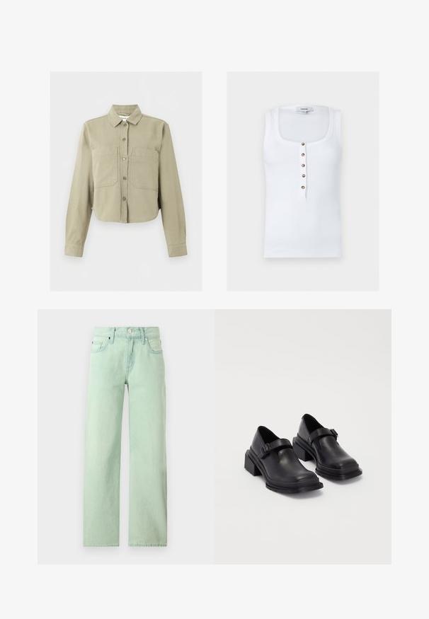 Chaqueta beige corta con mangas largas, cuello, botones frontales y dos grandes bolsillos en el pecho sobre un fondo liso.; Top blanco sin mangas con textura acanalada, escote redondo y cinco botones marrones en el centro delantero, con etiqueta de Topshop.; Vaqueros verdes claros de pierna recta con cierre frontal de botón y cremallera, trabillas para cinturón y diseño de cinco bolsillos.; Zapatos de cuero negros con punta redondeada, suela plana y una correa con detalle de hebilla. Tacón cuadrado grueso para mayor estabilidad.