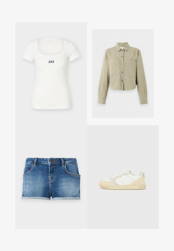 Veste beige raccourcie à manches longues, col, boutons sur le devant et deux grandes poches poitrine sur un fond uni.; Top blanc en coton côtelé à manches courtes avec encolure carrée et logo "GAP" bleu marine centré sur la poitrine.; Short en denim bleu avec bouton sur le devant, passants pour ceinture, poches avant et ourlet retroussé sur un fond clair uni.; Baskets blanches et beiges avec dessus en suède et textile, présentant des coutures contrastées, une semelle en caoutchouc et un accent bleu clair sur le talon.