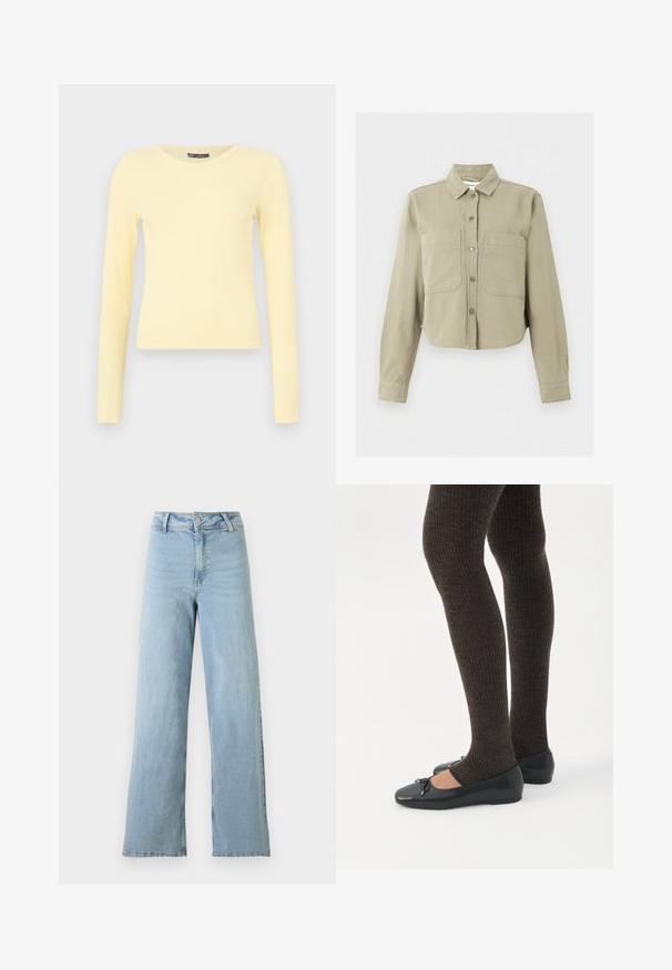 Veste beige raccourcie à manches longues, col, boutons sur le devant et deux grandes poches poitrine sur un fond uni.; Chemise à manches longues jaune clair côtelée avec un col rond et un ourlet légèrement raccourci sur un fond uni.; Jean en denim bleu clair taille haute à jambes larges, fermeture devant par bouton et fermeture éclair, passants pour ceinture, sans usure visible.; Jambes portant des leggings côtelés foncés associés à des ballerines noires avec de petits détails en nœud sur fond blanc.