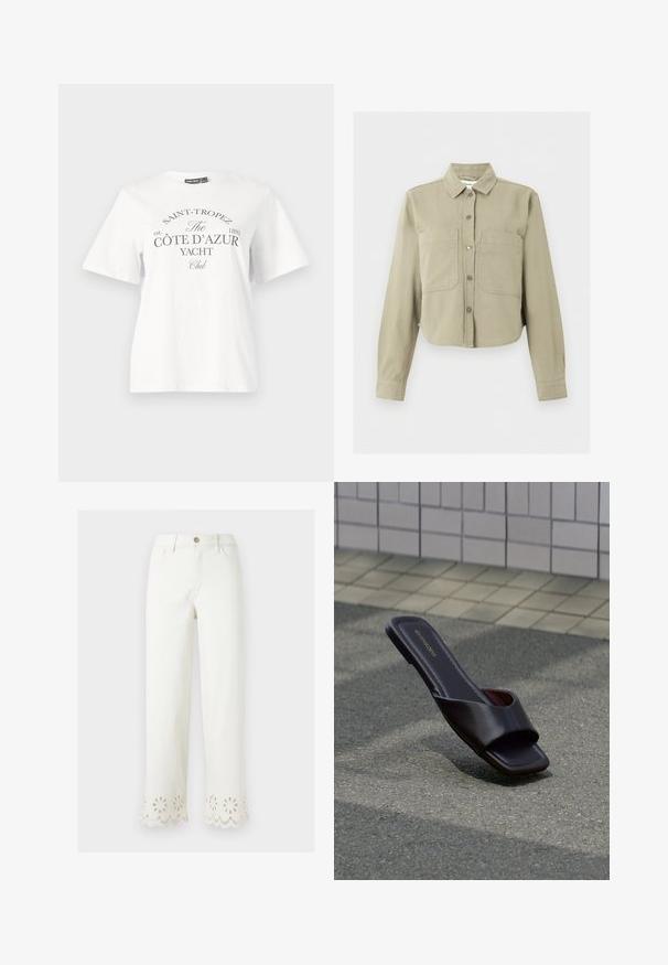 Beige cropped jakke med lange ærmer, krave, knapper foran og to store brystlommer på ensfarvet baggrund.; Hvid bomulds t-shirt med korte ærmer, rund halsudskæring og sort tryk som siger "SAINT-TROPEZ CÔTE D’AZUR YACHT Club."; Hvide bukser med lige ben, dekoreret med blomsterformede huludskæringer langs den bølgede kant, forreste knaplukning og sidelommer.; Mørkebrun sandal med åben tå, firkantet tå og bred rem, hvilende på grå asfalt nær flisebelagt fortov.