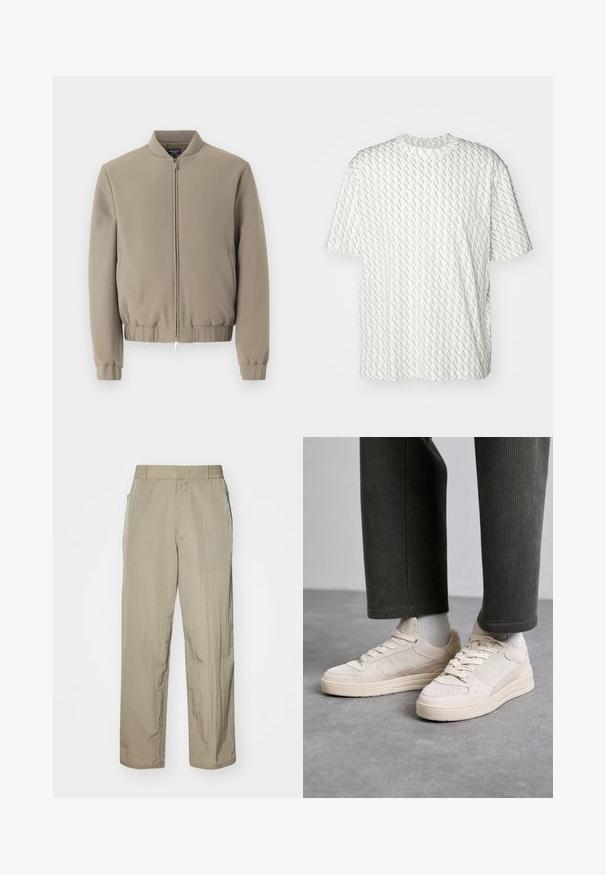 Veste bomber beige avec un col rond, fermeture éclair à l'avant, poignets et ourlet côtelés. Fabriquée en tissu texturé avec un design épuré.; T-shirt blanc avec un motif « A » gris répétitif, manches courtes, encolure ronde et coupe décontractée. Fabriqué en tissu doux.; Pantalons légers beiges à coupe décontractée, dotés d'une taille élastique et de poches latérales. Le tissu semble texturé et légèrement froissé.; Baskets beiges en suède et mesh, avec des accents perforés, des lacets plats et une semelle épaisse. Portées avec un pantalon en velours côtelé vert.