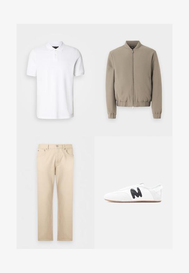 Beige Bomberjacke mit rundem Kragen, Frontreißverschluss, gerippten Bündchen und Saum. Hergestellt aus strukturiertem Stoff mit streamlined Design.; Weißes Polohemd aus Baumwolle. Verfügt über einen klassischen Kragen, eine Drei-Knopf-Leiste und kurze Ärmel. Dezentes Logo auf der Brust gestickt.; Beige Jeans mit geradem Schnitt, vorne mit Knopf und Reißverschluss, vorne und hinten Taschen, flach auf hellem Hintergrund ausgelegt.; Weißer Sneaker mit niedrigem Profil, schwarzem "M"-Logo an der Seite und hellbrauner Sohle, von der Außenseite auf neutralem Hintergrund gesehen.