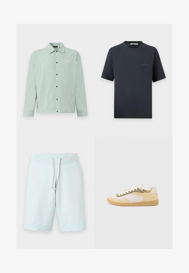Veste décontractée vert clair avec col, boutons-pression noirs à l'avant, poches latérales et un petit logo blanc brodé sur la poitrine.; T-shirt noir à manches courtes avec col rond, avec un petit logo bleu "Tiger of Sweden" sur la poitrine gauche, sur un fond uni.; Shorts en tricot bleu clair avec taille côtelée, cordon réglable et motif damier subtil près de l'ourlet.; Baskets basses en daim beige, panneaux en maille blanche, accents olive, lacets blancs et semelle en caoutchouc naturel sur fond gris clair.
