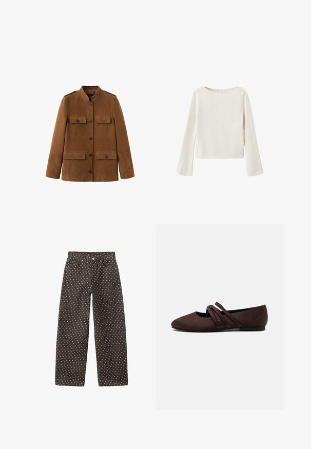 Veste marron de style militaire en tissu doux, avec un col montant, des épaulettes et deux poches à rabat à boutons à l'avant.; Pull blanc cassé à manches longues avec un large col rond et des manches légèrement évasées, fabriqué en tissu en maille douce.; Pantalon taille haute noir à pois blancs, fermeture avant par bouton et fermeture éclair, et design à cinq poches.; Chaussure plate marron avec un bout pointu et deux fines brides croisées sur le cou-de-pied, détails de couture visibles et petit talon.