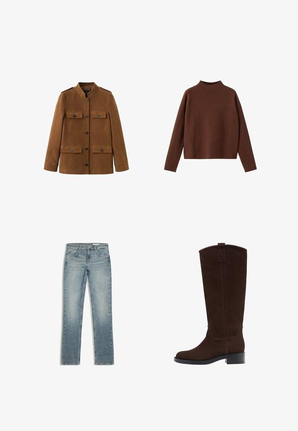 Brun militærinspireret jakke lavet af blødt stof, med høj krave, skulderklaffer og to forlommer med klap og knapper.; Kastanjebrun, langærmet sweater med en høj halsudskæring. Fremstillet af et blødt, tekstureret stof. Har en afslappet, kasseformet silhuet og et minimalistisk design.; Lyseblå denim jeans med lige ben, forlommer, bæltestropper og metal knaplukning, lagt fladt på hvid baggrund.; Høj mørkebrun ruskindsstøvle med lav stablet hæl og rundet tå, med en trækkemærke øverst på skaftet.