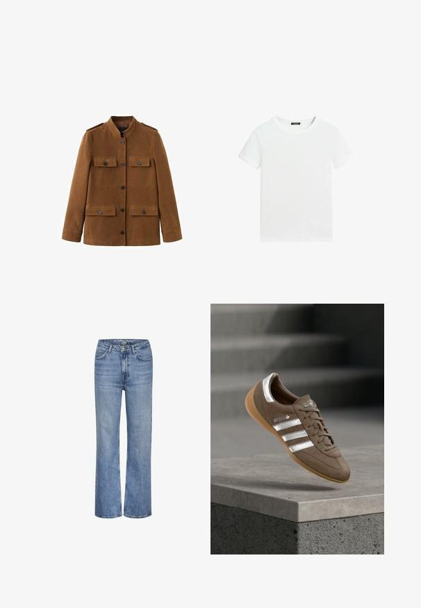 Brun militærinspireret jakke lavet af blødt stof, med høj krave, skulderklaffer og to forlommer med klap og knapper.; Almindelig hvid T-shirt med korte ærmer, rund halsudskæring og lille sort label inden i kraven.; Blå højtaljede straight-leg denim jeans med frontknap, lynlås og fem lommer.; Brun ruskindssneaker med hvide striber og sølvdetaljer, med tekstureret overdel, snørelukning og gummisål i caramelfarve.