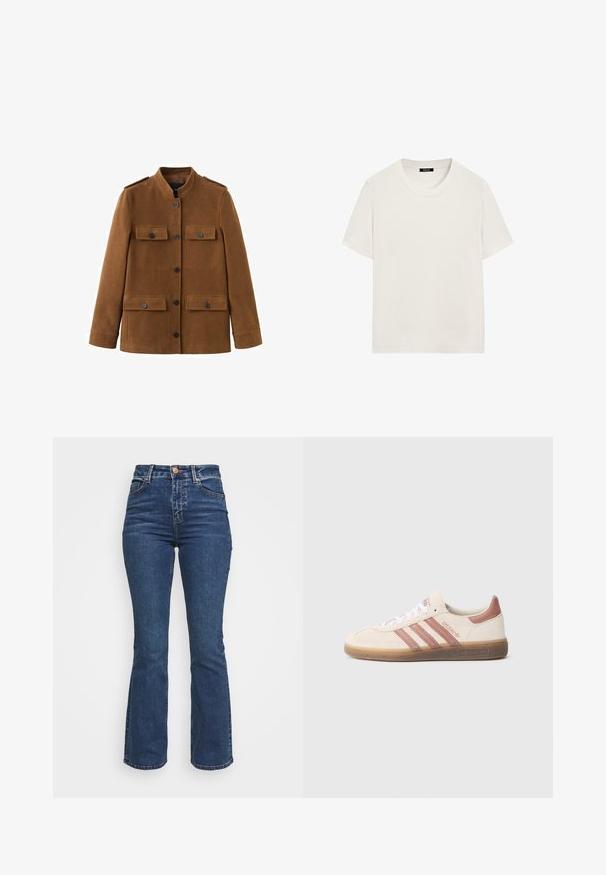 Bruine militaire jas van zachte stof, met een hoge kraag, schouderepauletten en twee klepzakken aan de voorkant met knopen.; Effen wit T-shirt met korte mouwen en ronde hals, met een ontspannen pasvorm, weergegeven tegen een witte achtergrond.; Hoge taille blauwe jeans gemaakt van denim. Flared leg ontwerp met een knoopsluiting en zakken. Beschikt over een klassieke wassing en stiksel details.; Beige suède sneaker met roze accenten, drie roze strepen, witte veters en een doorzichtige bruine zool. "Spezial" branding aan de zijkant.