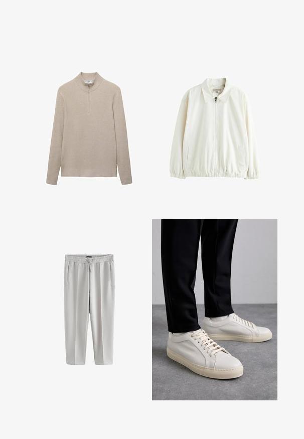 Weiße leichte Jacke mit Kragen, vorderem Reißverschluss, elastischem Saum und Bündchen sowie zwei seitlichen Taschen, dargestellt auf weißem Hintergrund.; Beige gerippter Pullover mit hohem Kragen und halbem Reißverschluss. Lange Ärmel und ein figurbetonter Saum ergänzen das strukturierte Aussehen.; Hellgraue Sweatpants aus glattem Material, mit einem elastischen Bund und Kordelzug sowie zwei Seitentaschen.; Helle beigefarbene Leder-Sneaker mit flachen Schnürsenkeln, einer strukturierten Oberfläche und einer kontrastierenden, cremefarbenen Gummisohle, kombiniert mit schwarzen eng geschnittenen Hosen.