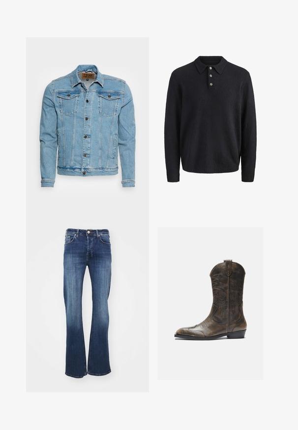 Denim Project DPMKASH DENIM JACKET - Farkkutakki - mid blue; Tummansininen pitkähiha-neulepusero, jossa on kaulus ja kolme nappia edessä olevassa listassa.; Tummansinisiä farkkuja, joissa on leveät lahkeet ja viisi taskua, edessä napitus ja hieno haalistuma polvesta helmaan. Ominaisuutena on klassinen leikkaus ja ompelu yksityiskohtia.; Ruskea nahkainen cowboy-saapas, jossa on korkea varsi, terävä kärki, monimutkaiset ompelukuvioinnit ja pieni korko. Pintakuviointi kauttaaltaan.
