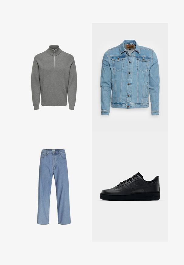 Denim Project DPMKASH DENIM JACKET - Cowboyjakker - mid blue; Grå halv-lynlås pullover-trøje, ribbet tekstur, høj krave, lange ærmer og en metal lynlås ved halsen. Klassisk, afslappet design.; Lyseblå denimjeans med en afslappet pasform, der har høj talje, vide ben og fem lomme-design. Stoffet har en blød tekstur.; Sort Nike Air Force 1 sneaker med en glat læderoverdel, perforeret tå for åndbarhed, sorte snørebånd og en textured gummisål.