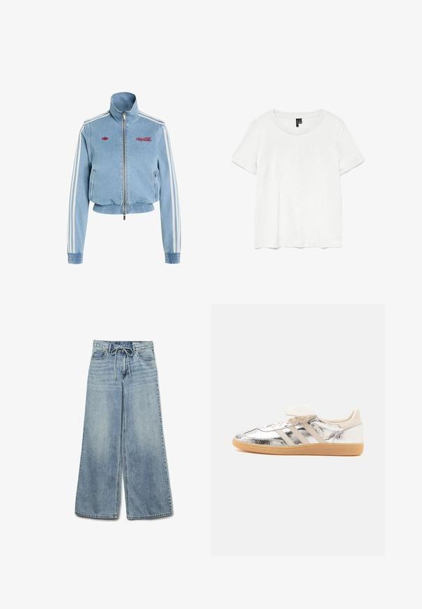 Cazadora vaquera azul claro con cremallera, dobladillo y puños elásticos, rayas blancas en las mangas, logotipos rojos de Adidas y Coca-Cola en el pecho.; Camiseta blanca de manga corta con un cuello redondo, hecha de tejido ligero. Diseño simple, textura suave y dobladillo recto.; Jeans de pierna ancha de color azul claro, hechos de denim, con cintura elástica y cordón, que cuentan con bolsillos frontales y una textura deslavada.; Zapatilla baja con parte superior plateada brillante, tres rayas beige, cordones blancos y suela de goma marrón claro, mostrada de lado sobre fondo blanco.