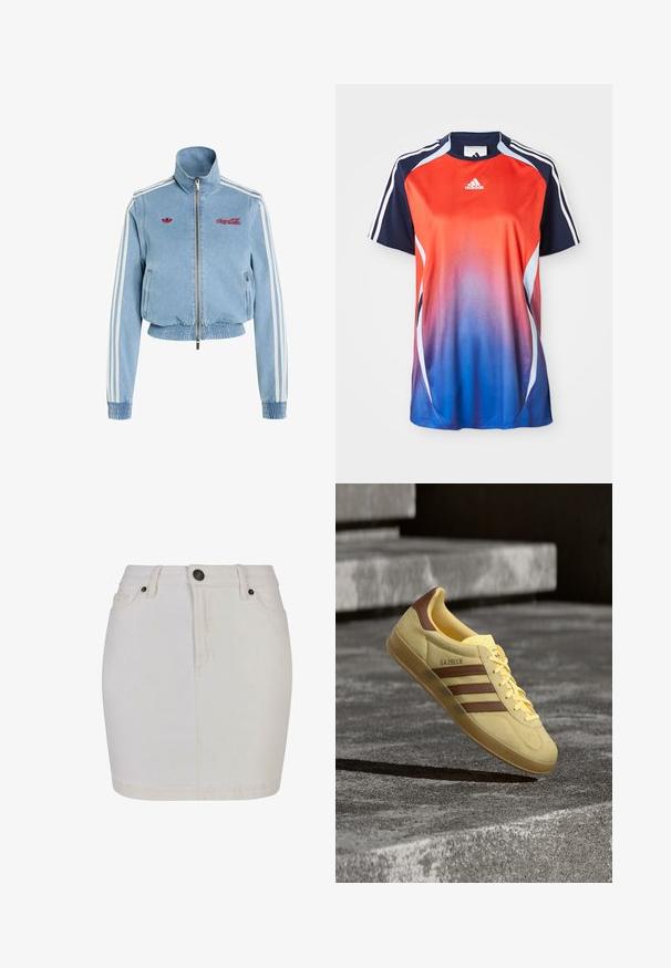 Veste en jean bleu clair zippée avec ourlet et poignets élastiques, bandes blanches sur les manches, logos rouges Adidas et Coca-Cola sur la poitrine.; T-shirt de sport à manches courtes Adidas présentant un dégradé du rouge au bleu, avec des accents marine et des rayures blanches le long des épaules.; Mini-jupe en denim blanc taille haute avec bouton et fermeture éclair à l'avant, passants de ceinture et deux poches avant.; Baskets Adidas Gazelle jaunes avec des rayures marron et détail au talon, flottant au-dessus d'une surface en béton gris avec des marches en arrière-plan.