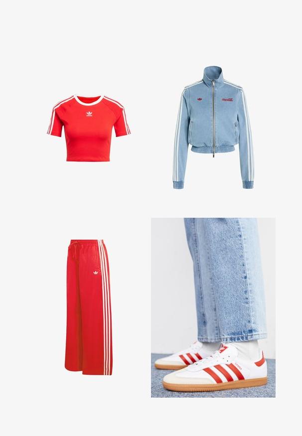 Hellblaue Denim-Zip-up-Jacke mit elastischem Saum und Bündchen, weißen Streifen auf den Ärmeln, roten Adidas- und Coca-Cola-Logos auf der Brust.; Rotes, kurzes T-Shirt aus Baumwolle, mit kurzen Ärmeln, weißen Streifen und weißem Kragen. Auf der Vorderseite ist das Adidas-Logo in Weiß abgebildet.; Rote Sporthose aus leichtem Material, mit weitem Bein, elastischem Bund, Kordelzug und drei weißen Streifen auf jeder Seite.; Weiße Leder Sneaker mit roten Streifen und Akzenten. Verfügt über eine strukturierte Gummi-Laufsohle und einen gepolsterten Schaft. Tragen mit hellblauer Jeans.
