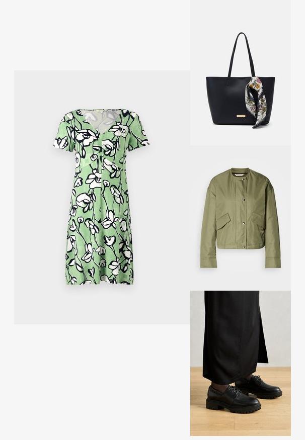 Oliven grønn cropped jakke i letvægtigt stof med rund hals, trykknapper og to sidelommer med diagonale åbninger.; Kortærmet grøn kjole med hvid blomsterprint, der har v-udskæring og knaplukning foran. Fremstillet af let, åndbart stof.; Sorte lædersko med rund tå, tyk gummisål og snørebånd. Designet har dekorativ syning langs overdelen.; Sort læder tote taske med to skulderremme, prydet med et blomsterprint silkeslør bundet om håndtaget og en metallisk logo detalje på forsiden.