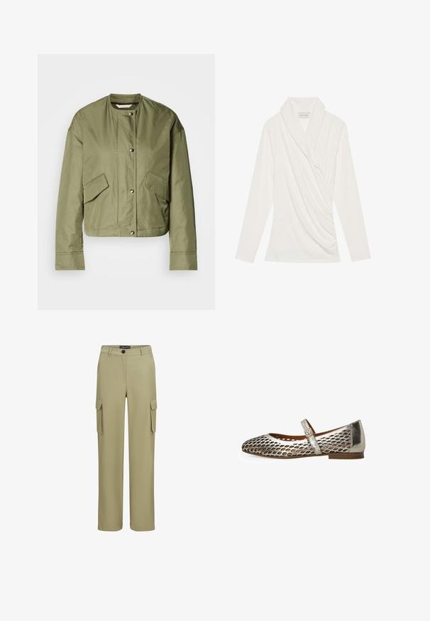 Olijfgroene cropped jack van lichtgewicht stof met een ronde hals, drukknoopsluitingen en twee zakken aan de zijkant met diagonale openingen.; Witte blouse met lange mouwen, voorzien van een gedrapeerde halslijn, zachte textuur en gathers aan de zijkant voor een getailleerde uitstraling.; Khaki cargobroek van zacht materiaal. Heeft twee zijzakken en een knoopsluiting. Recht model met een nette afwerking.; Mary Jane platte schoen met metallic zilverkleurig geperforeerd bovenwerk en dunne gespband, bruine zool en lage hak op een witte achtergrond.