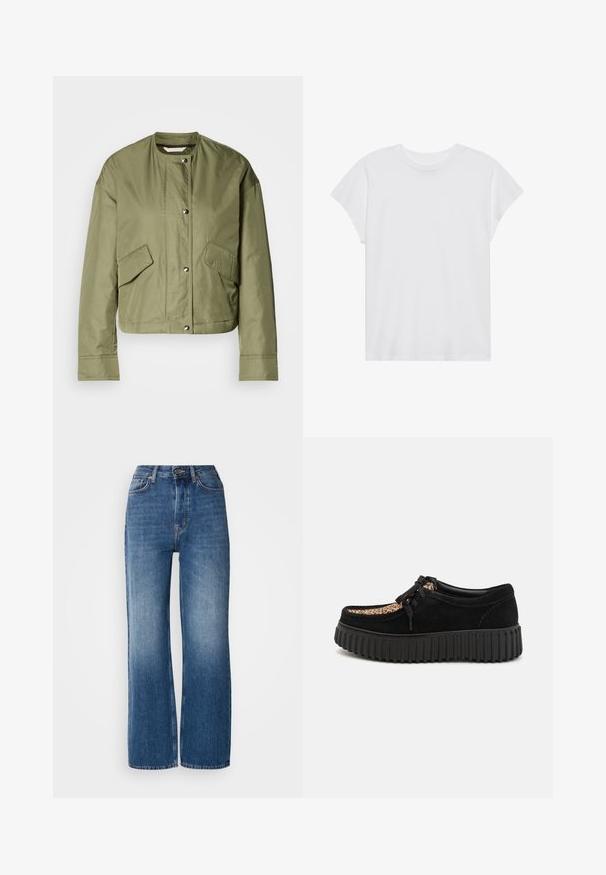 Oliven grønn cropped jakke i letvægtigt stof med rund hals, trykknapper og to sidelommer med diagonale åbninger.; Hvid kortærmet t-shirt med rund hals, afslappet pasform, lavet af blødt bomuldsstof. Glat tekstur, ingen mønstre eller logoer.; Højtaljede, brede blå denimjeans med en gradientvask, kobberstikninger, lukning med frontknap og fem lommer.; Sort ruskindssko med leopardmønster, rund tå, snørebåndsdesign og tykk sort gummisål med ribbet tekstur.